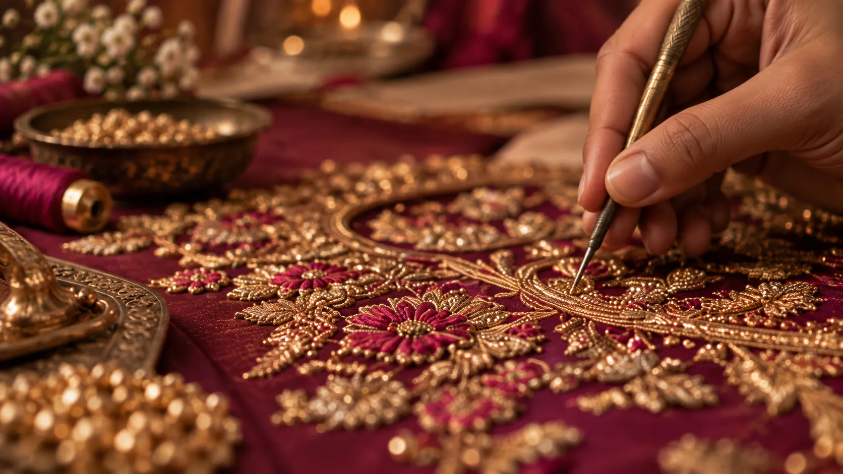 Aari and maggam hand embroidery work on bridal blouse fabric, Faamys Fashions Anna Nagar Chennai